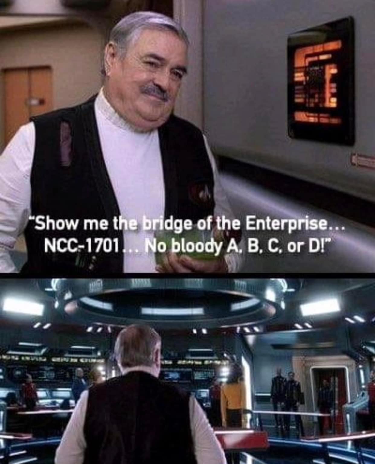 This meme is a play on a famous line from the Star Trek franchise. The image features William Shatner's character Captain James T. Kirk, but with a humorous twist: instead of saying "The needs of the many outweigh the needs of the few... or the one," he says "The needs of the many outweigh the needs of the few... or the one... or the pizza."